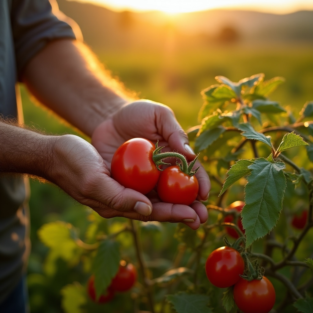 Mani di un agricoltore che raccoglie pomodori maturi nel campo al tramonto