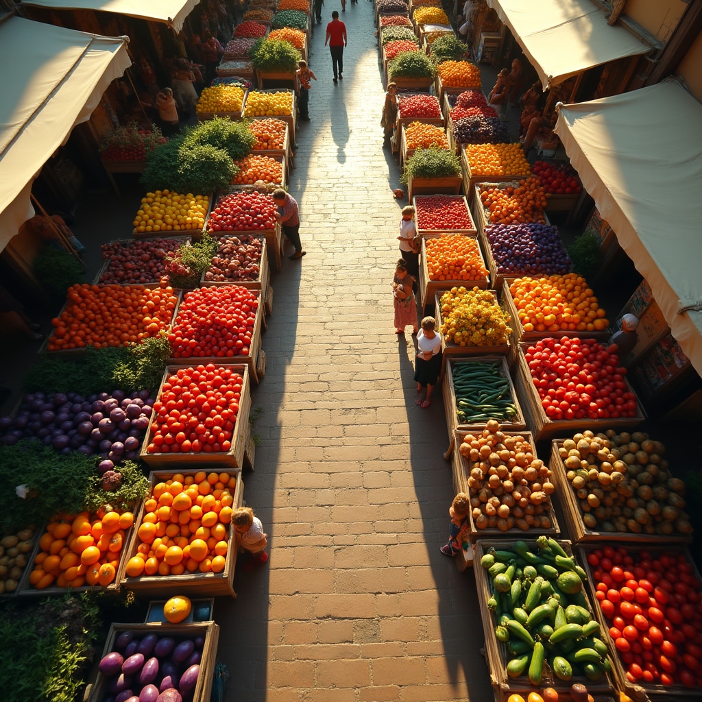 Vista aerea di un mercato contadino con prodotti freschi colorati
