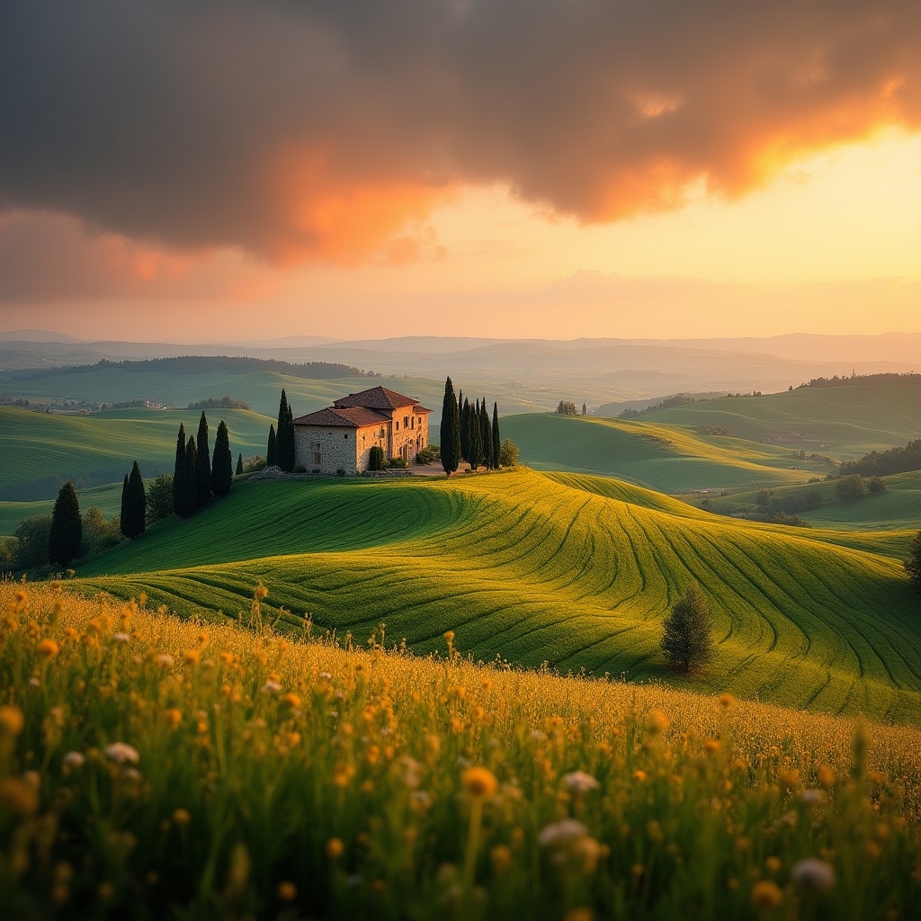 Paesaggio agricolo italiano al tramonto con campi coltivati e colline sullo sfondo