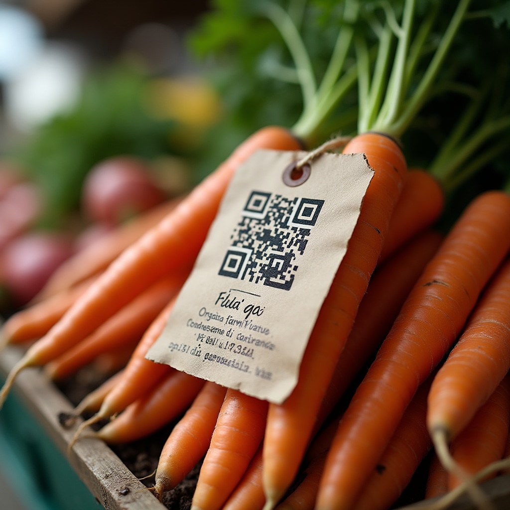 Etichetta con QR code su prodotto fresco al mercato contadino
