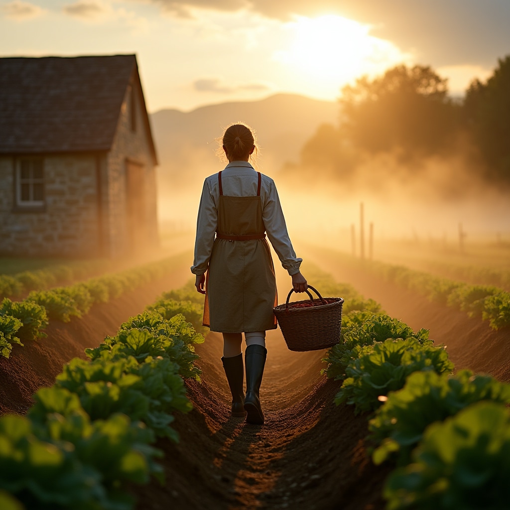 Piccola azienda agricola familiare al mattino presto con nebbia sui campi, atmosfera autentica